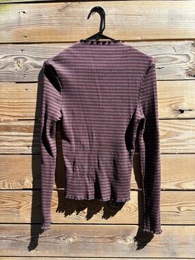 Women's Long Sleeve Striped Mock Neck- blue/maroon